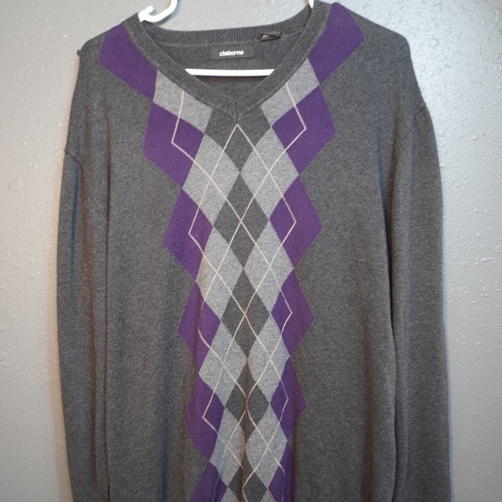 Claiborne Men's  Argyle Grey Purple V Neck Cotton Preppy Sweater Size Large